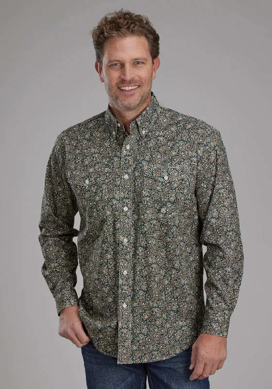 Men's casual chambray button-up-Roper Mens 2150 Oak Paisley Brown 100% Cotton Btn L/S Shirt