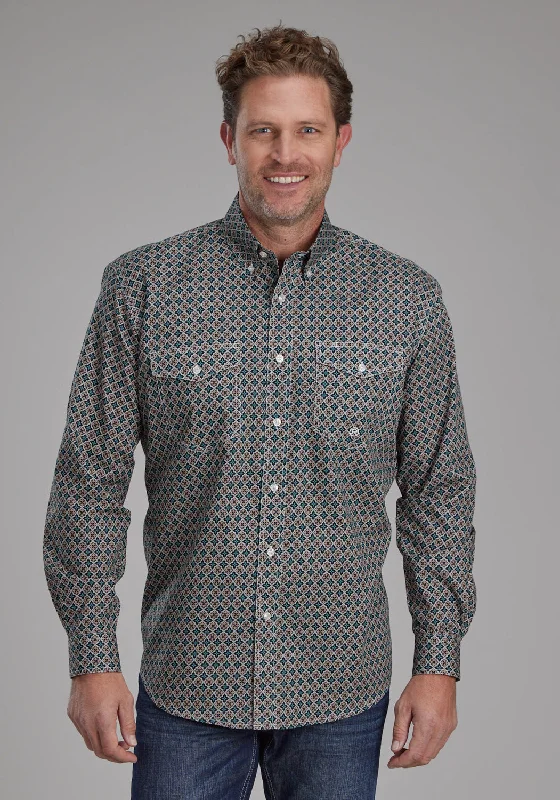 Men's classic chambray shirt-Roper Mens 2151 Acorn Foulard Brown 100% Cotton Btn L/S Shirt