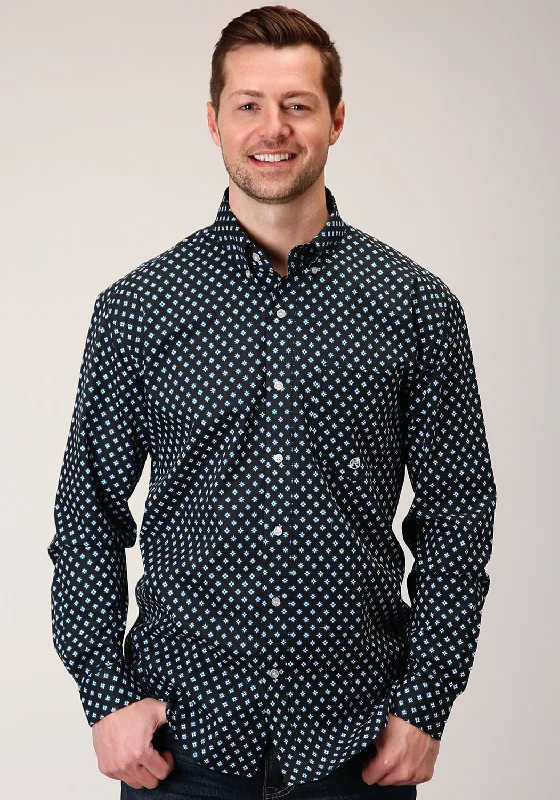 Men's breathable gingham shirt-Roper Mens Black 100% Cotton New Star Foulard BD L/S 1 Pkt Shirt