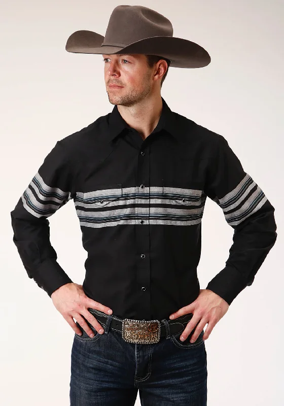 Men's short-sleeve check shirt-Roper Mens Black/Grey Cotton Blend Border Stripe L/S Shirt