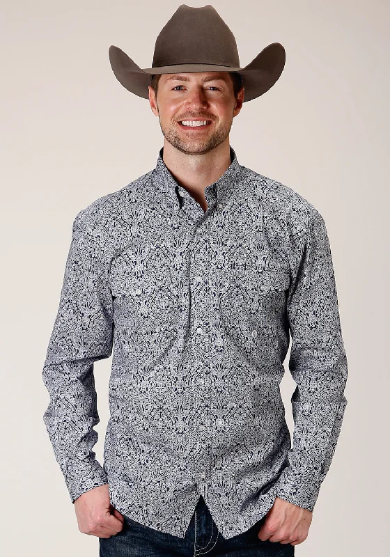 Men's relaxed check shirt-Roper Mens Blue 100% Cotton Crystal Medallion BD L/S Btn Shirt