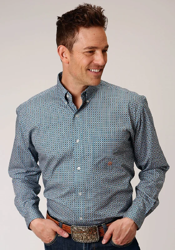 Men's breathable gingham shirt-Roper Mens Blue 100% Cotton Geo BD L/S 1 Pocket Shirt