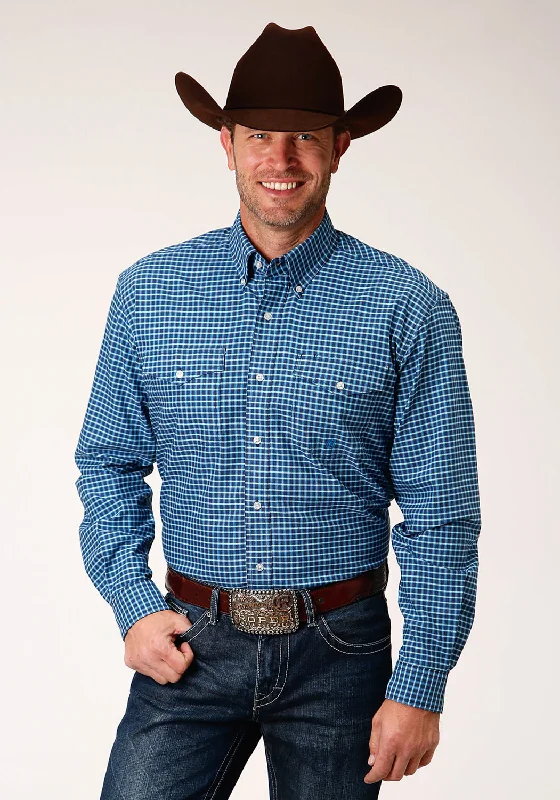 Men's bold herringbone shirt-Roper Mens Blue 100% Cotton Oxford Check BD L/S Btn Shirt