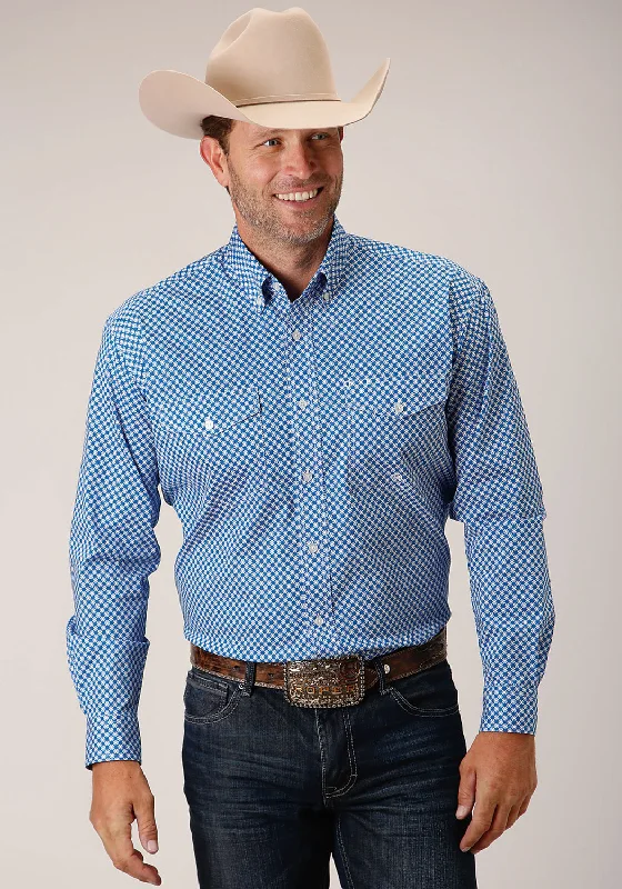 Men's lightweight twill shirt-Roper Mens Blue Cotton Blend Diamond Star Geo BD L/S Btn Shirt