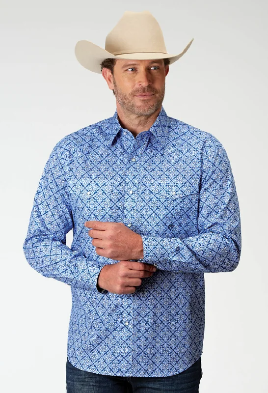 Men's short-sleeve gingham shirt-Roper Mens Blue Skies Tie Blue 100% Cotton Tall L/S Shirt