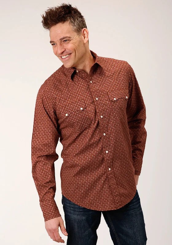 Men's tailored check shirt-Roper Mens Brown 100% Cotton Arrow Geo L/S Shirt