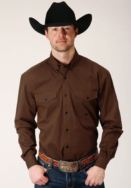 Men's soft gingham shirt-Roper Mens Brown 100% Cotton Black Fill BD L/S Btn Shirt