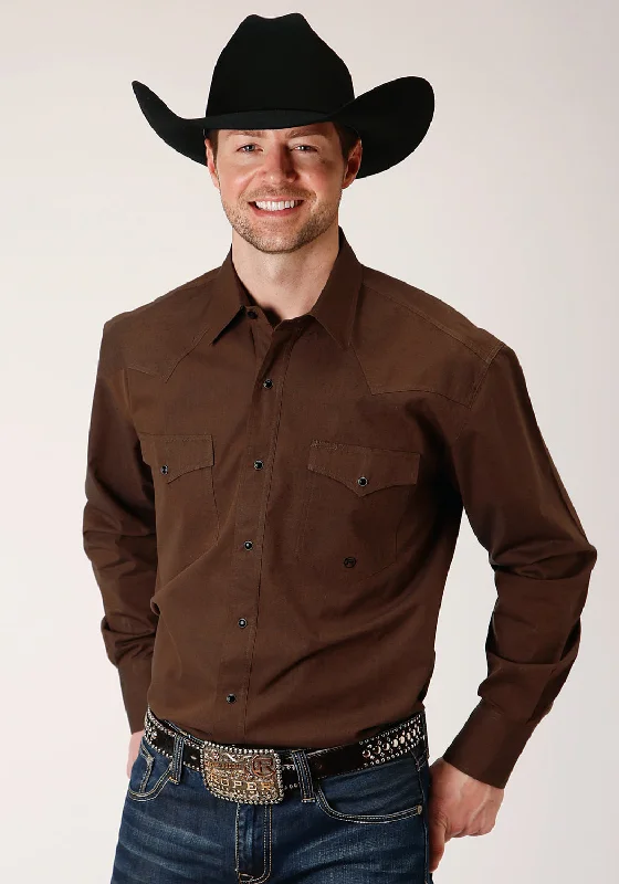 Men's casual gingham shirt-Roper Mens Brown 100% Cotton Black Fill L/S Snap Shirt