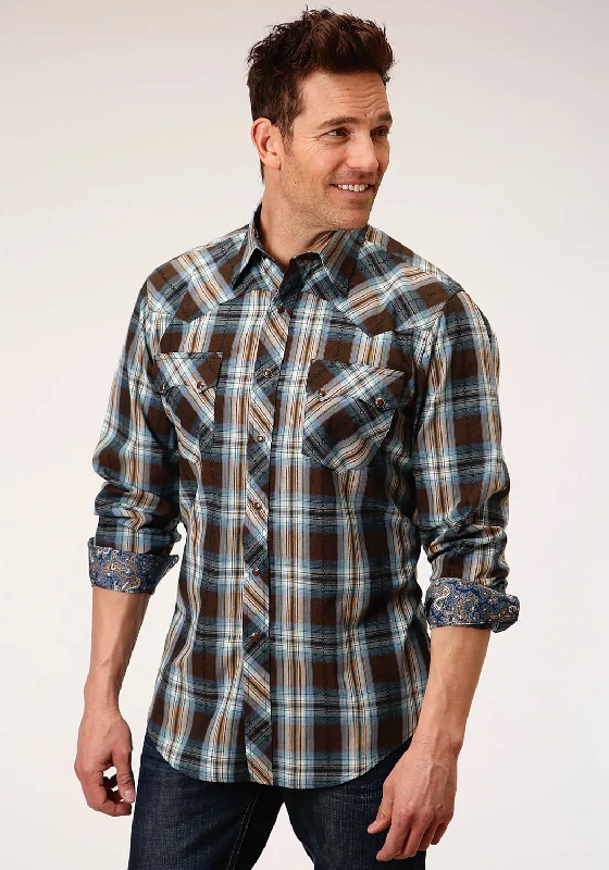 Men's premium corduroy shirt-Roper Mens Brown 100% Cotton Crossing Dobby Plaid L/S Shirt