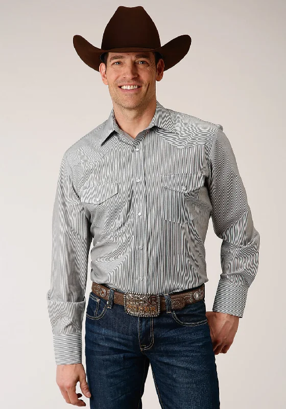 Men's breathable corduroy shirt-Roper Mens Charcoal/White Cotton Blend Stripe L/S 80/20 Shirt