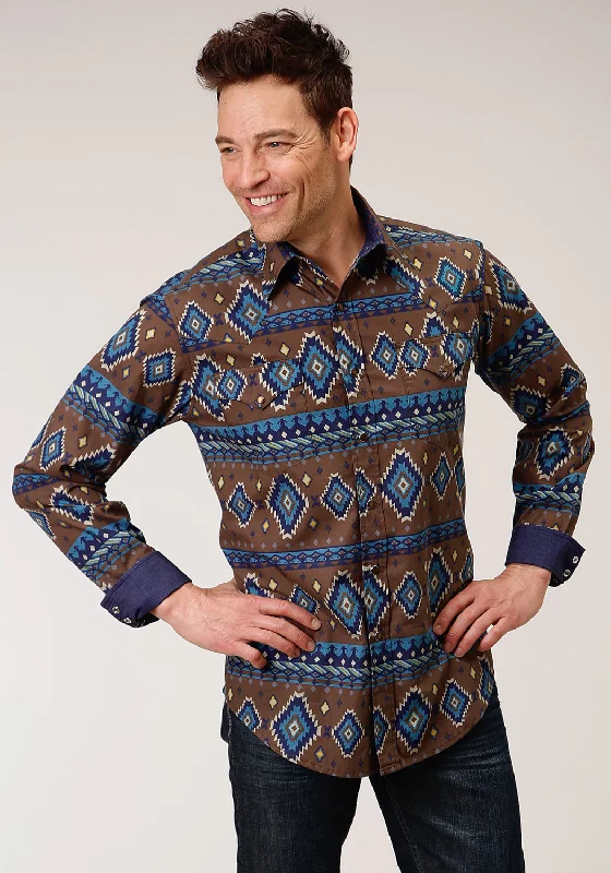 Men's premium poplin shirt-Roper Mens Chocolate 100% Cotton Aztec Print L/S Shirt