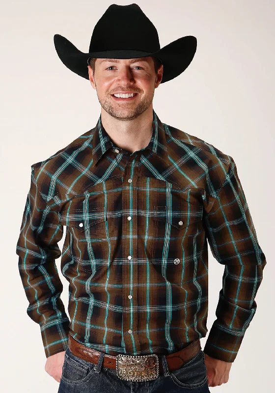 Men's short-sleeve corduroy shirt-Roper Mens Dark Chocolate 100% Cotton Plaid L/S Tall Shirt