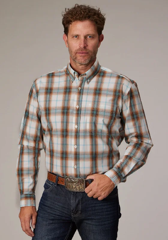 Men's premium corduroy shirt-Roper Mens Desert Spring Plaid Orange 100% Cotton 1 Pkt L/S Shirt