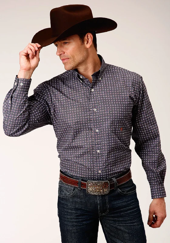 Men's bold herringbone shirt-Roper Mens Grey 100% Cotton Plum Foulard BD L/S 1 Pkt Shirt