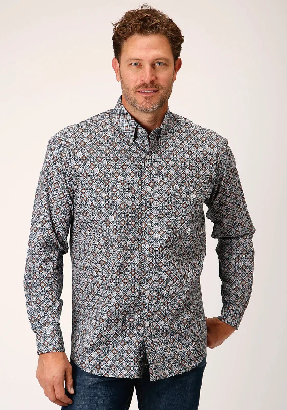 Men's short-sleeve herringbone shirt-Roper Mens Grey 100% Cotton Silver Foulard BD L/S Btn Shirt