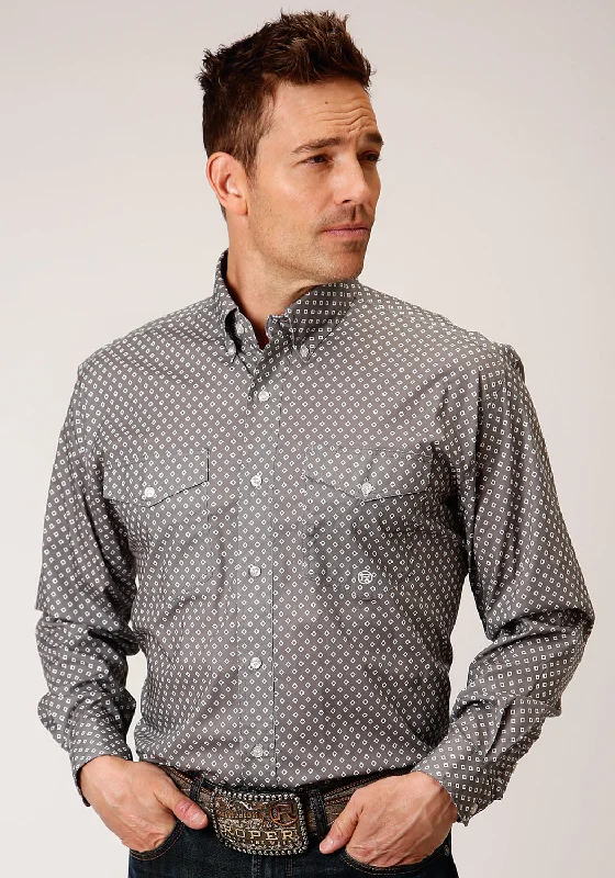 Men's slim corduroy shirt-Roper Mens Grey Cotton Blend Diamond Poplin BD L/S Btn Shirt