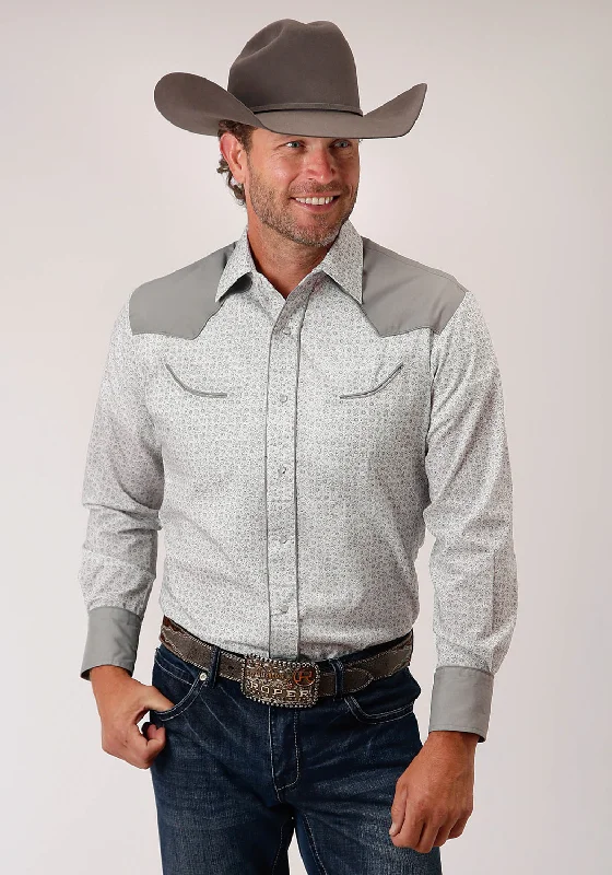 Men's long-sleeve chambray shirt-Roper Mens Grey/White Cotton Blend Mini Floral L/S Retro Shirt