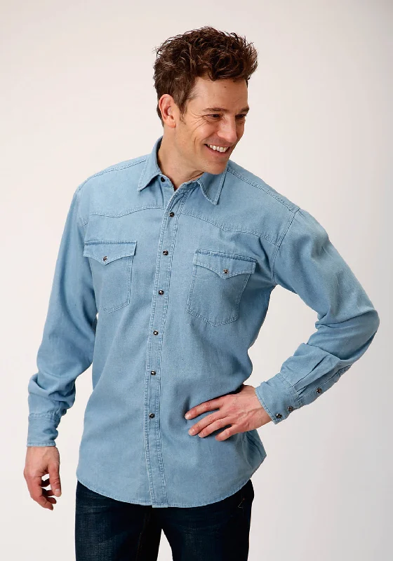 Men's premium twill shirt-Roper Mens Light Blue 100% Cotton Denim BD L/S Western Shirt