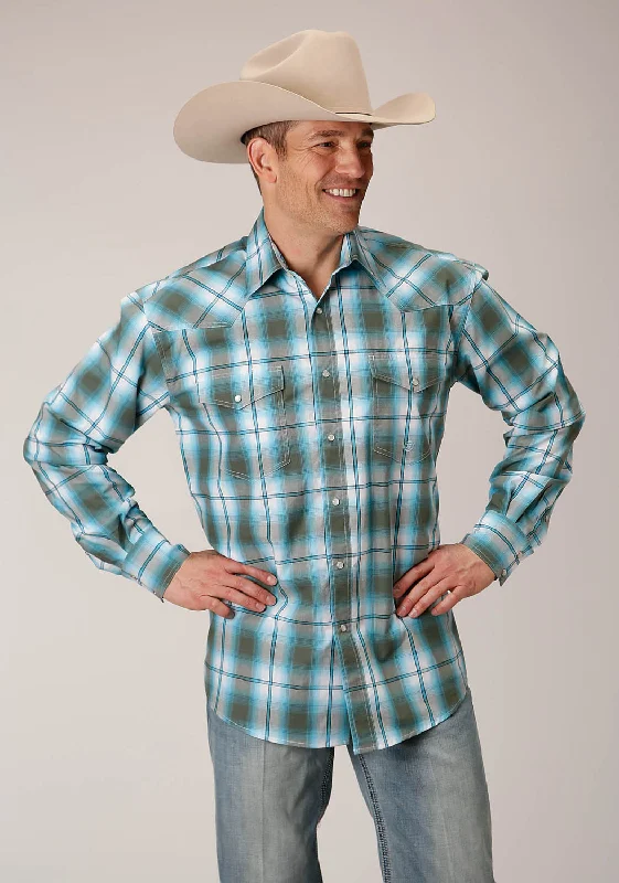 Men's slim check shirt-Roper Mens Meadow Plaid Green 100% Cotton Tall L/S Shirt