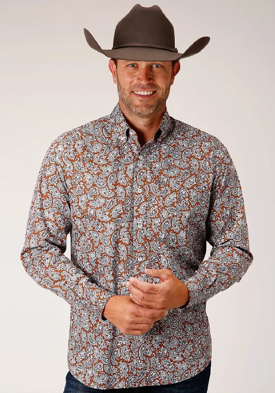 Men's tailored chambray shirt-Roper Mens Orange 100% Cotton Copper Spring Paisley BD L/S Shirt