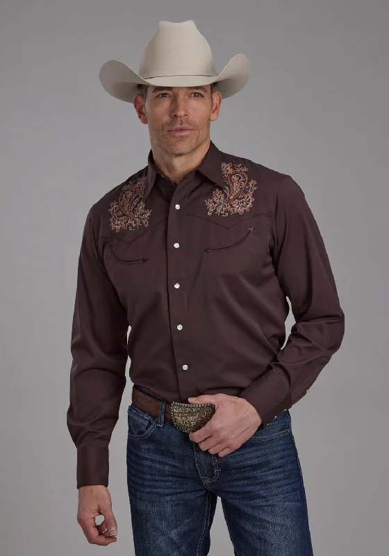 Men's classic poplin shirt-Roper Mens Paisley Western Brown Poly/Rayon L/S Shirt