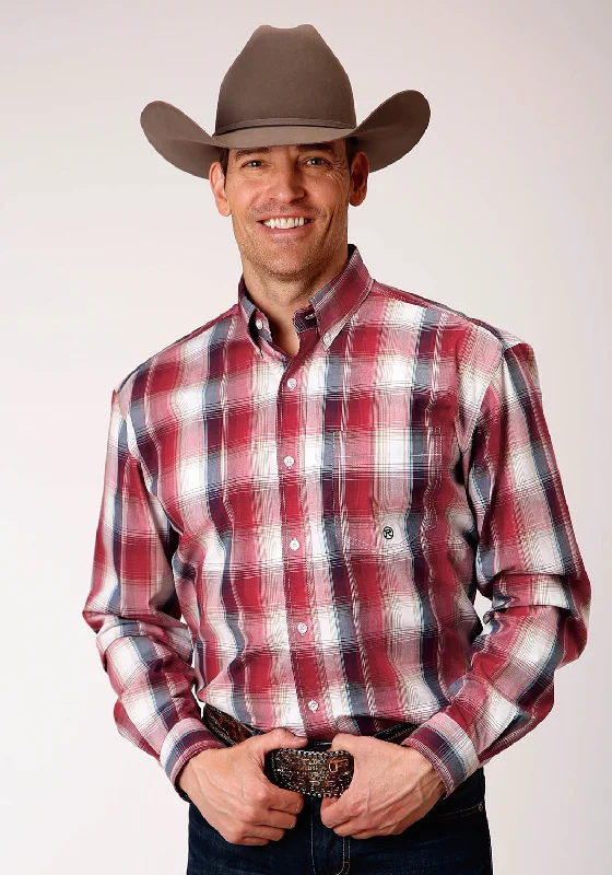 Men's long-sleeve chambray shirt-Roper Mens Red 100% Cotton Apple Plaid BD L/S 1 Pocket Shirt