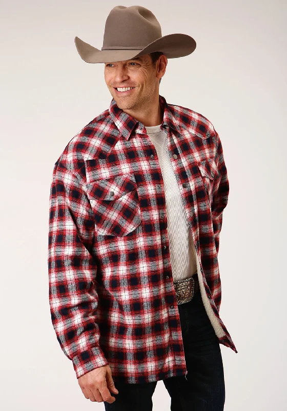 Men's long-sleeve twill shirt-Roper Mens Red 100% Cotton Sherpa Flannel Plaid L/S Shirt