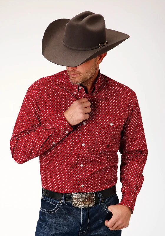 Men's soft twill shirt-Roper Mens Red 100% Cotton Victorian Foulard BD L/S Btn Shirt