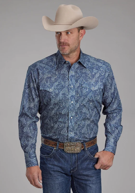 Men's casual herringbone shirt-Roper Mens River Paisley Blue 100% Cotton L/S Shirt