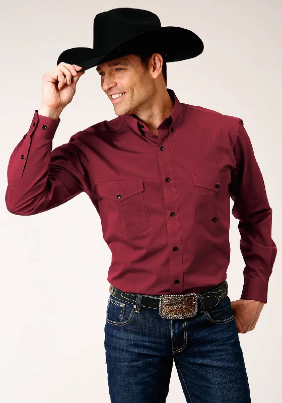 Men's stylish poplin shirt-Roper Mens Solid Red 100% Cotton Black Fill BD L/S Btn Shirt