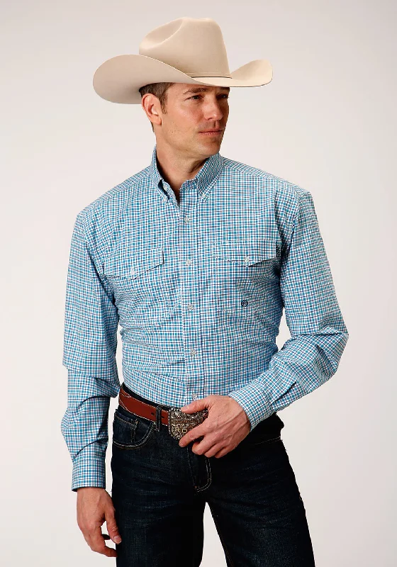 Men's stylish poplin shirt-Roper Mens Stretch Check Turquoise Cotton Blend Tall Btn L/S Shirt