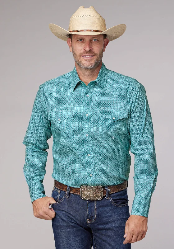 Men's business herringbone shirt-Roper Mens Stretch Neat Teal Cotton Blend Tall L/S Shirt