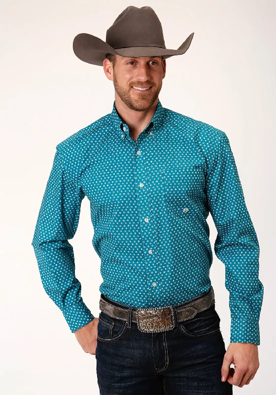 Men's soft twill shirt-Roper Mens Teal 100% Cotton Mini Foulard BD L/S 1 Pkt Shirt