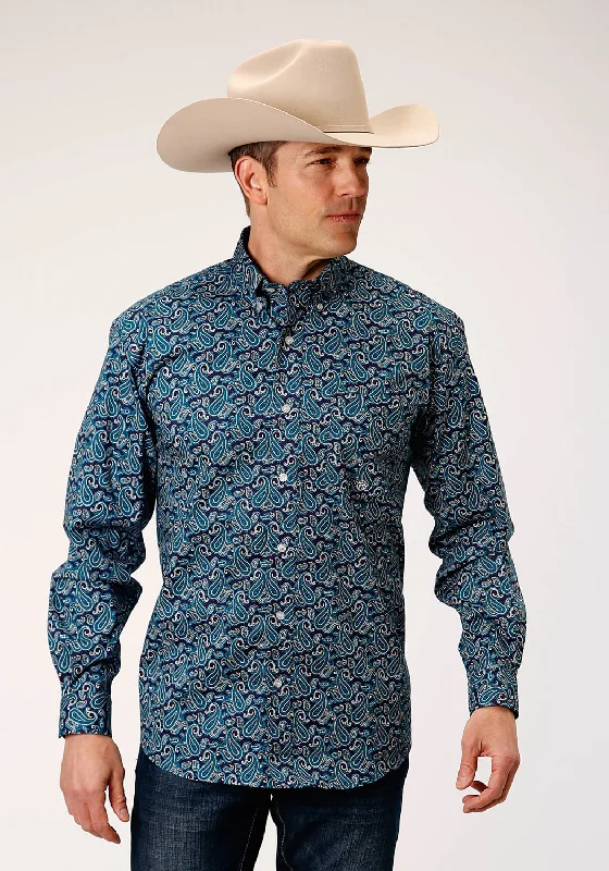 Men's casual check shirt-Roper Mens Teal 100% Cotton Purple Sage Paisley BD L/S 1 Pkt Shirt