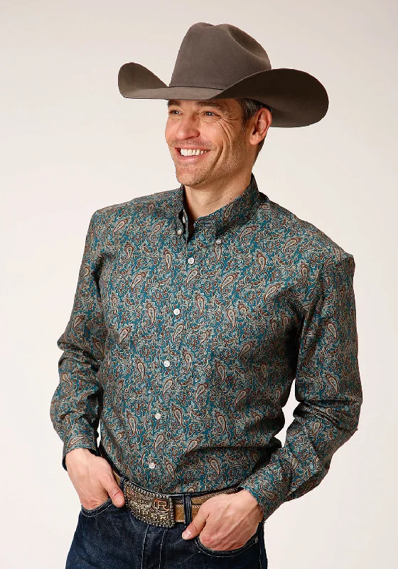 Men's long-sleeve chambray shirt-Roper Mens Teal 100% Cotton Vintage Paisley BD L/S 1 Pkt Shirt