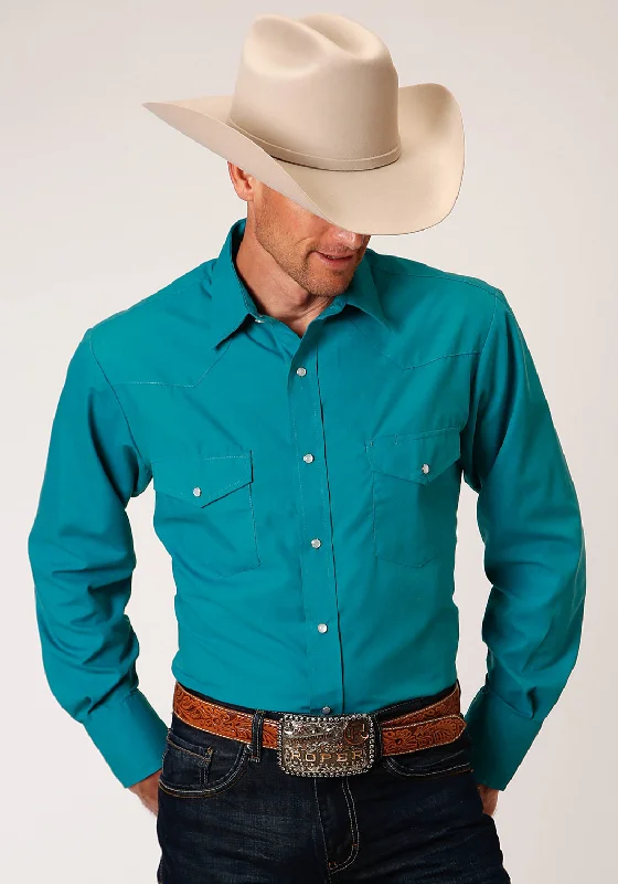 Men's lightweight herringbone shirt-Roper Mens Teal Blue Cotton Blend 55/45 Broadcloth L/S Shirt