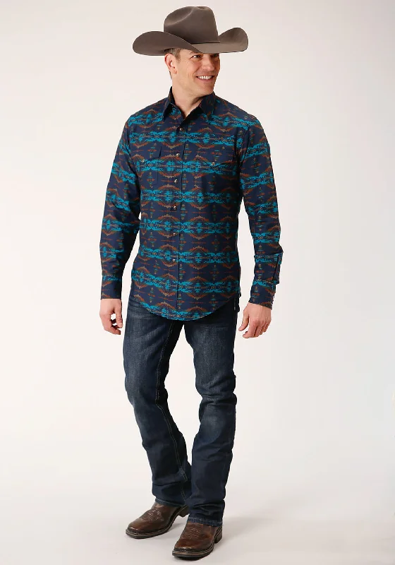 Men's breathable poplin shirt-Roper Mens Turquoise 100% Cotton Blanket Horizontal L/S Snap Shirt