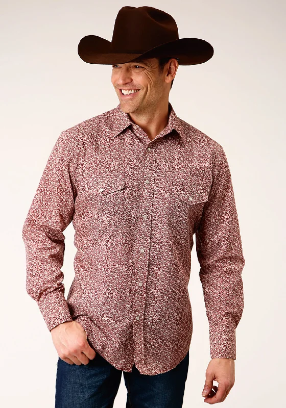 Men's long-sleeve chambray shirt-Roper Mens Vintage Floral Red/Cream Cotton Blend L/S Shirt