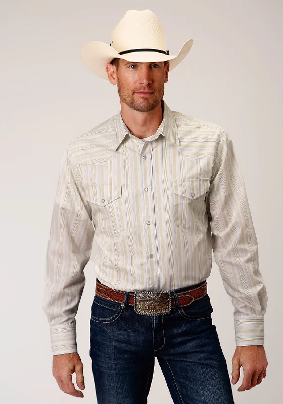 Men's modern gingham shirt-Roper Mens White/Grey Cotton Blend Stripe L/S Shirt