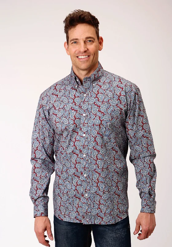 Men's soft gingham shirt-Roper Mens Wine 100% Cotton Liberty Paisley BD L/S 1 Pkt Shirt