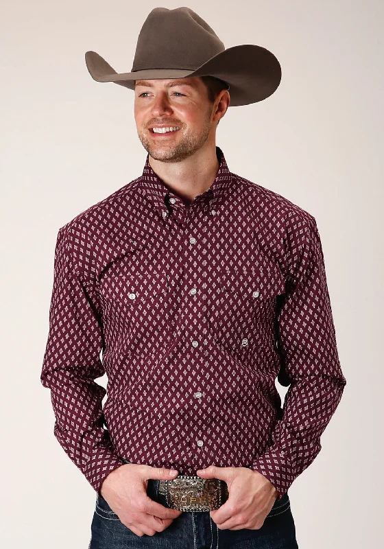 Men's modern corduroy shirt-Roper Mens Wine 100% Cotton Point Diamonds BD L/S Btn Shirt