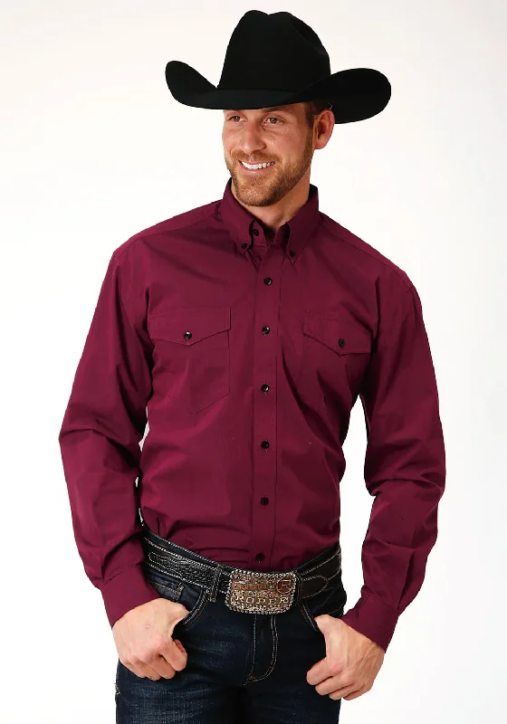 Men's soft gingham shirt-Roper Mens Wine 100% Cotton Solid Black Fill BD L/S Btn Shirt S