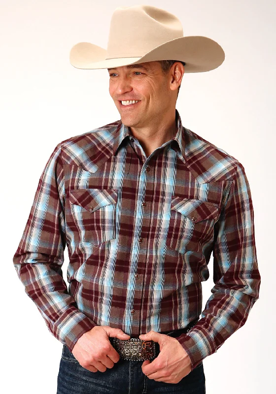 Men's wrinkle-resistant twill shirt-Roper Mens Wine 100% Cotton Southwest Plaid L/S Shirt