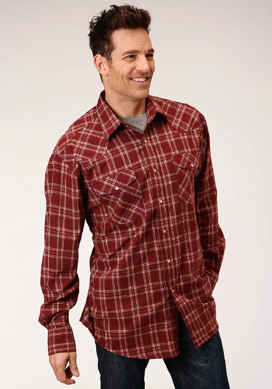 Men's slim gingham shirt-Roper Mens Wine 100% Cotton Unlined Flannel Plaid L/S Shirt