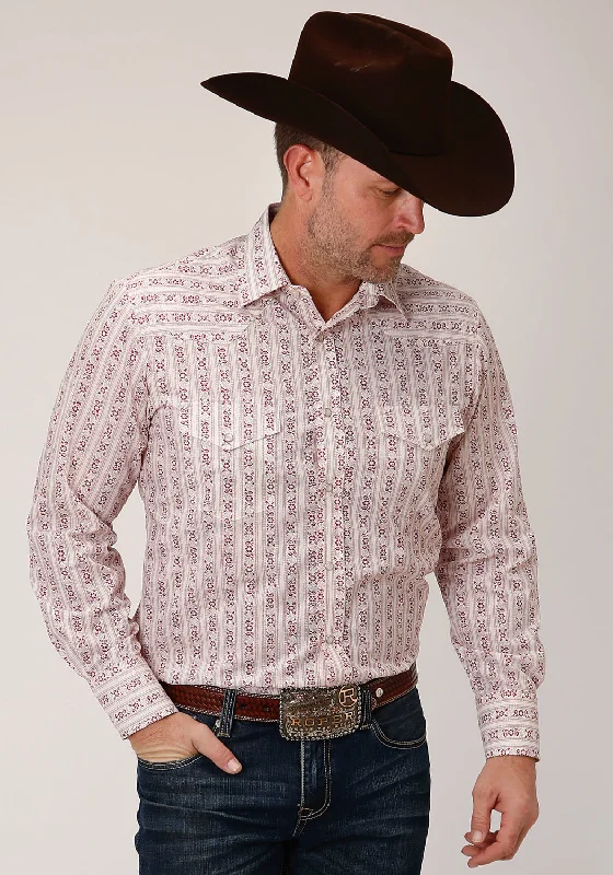 Men's wrinkle-resistant twill shirt-Roper Mens Wine/Cream Cotton Blend Wallpaper L/S Shirt