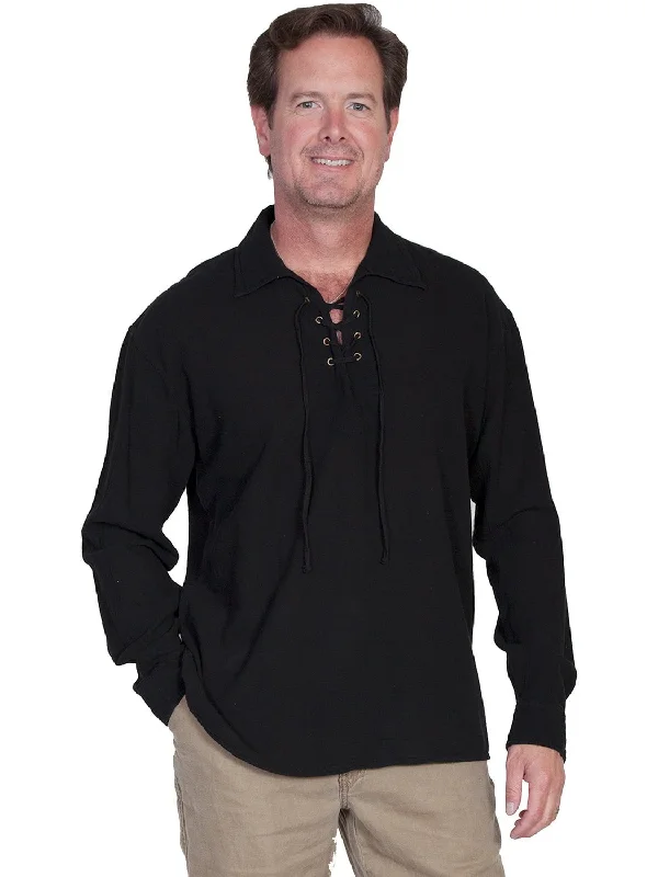 Men's long-sleeve check shirt-Scully Cantina Mens Black 100% Cotton Laceup Pullover Shirt