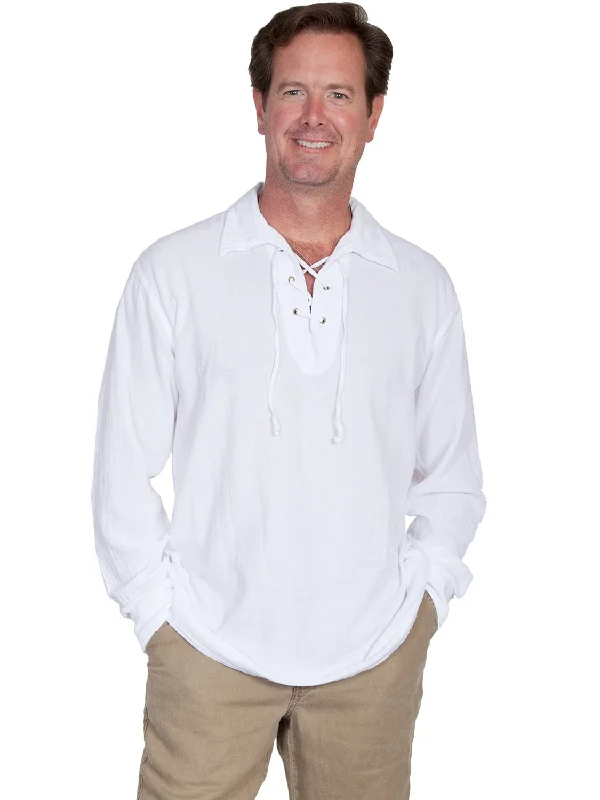 Men's casual chambray button-up-Scully Cantina Mens White 100% Cotton Laceup Pullover Shirt