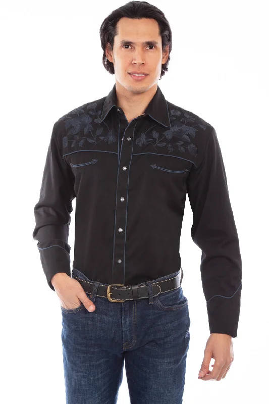 Men's premium poplin shirt-Scully Mens Black Poly/Rayon Red Roses L/S Shirt