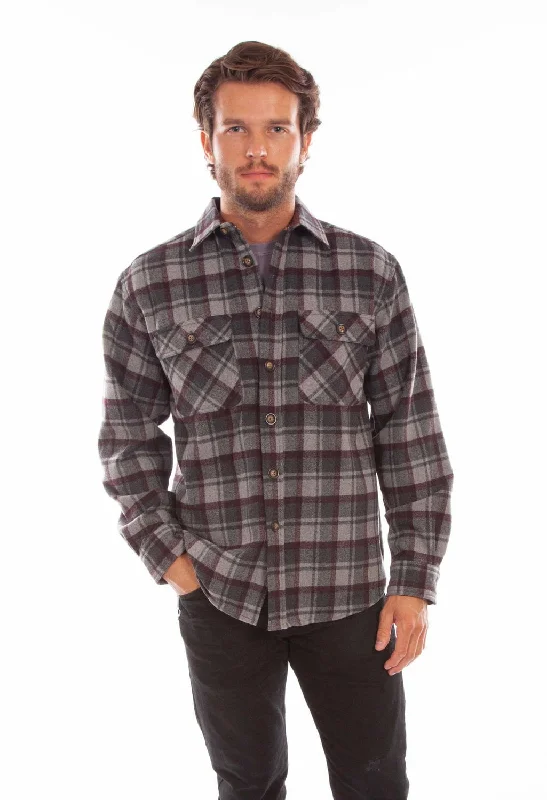 Men's classic poplin shirt-Scully Mens Charcoal/Burgundy Wool Blend Flannel Plaid L/S Shirt