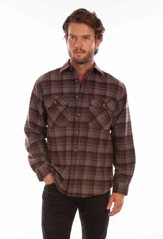 Men's relaxed herringbone shirt-Scully Mens Chocolate/Port Wool Blend Flannel Plaid L/S Shirt